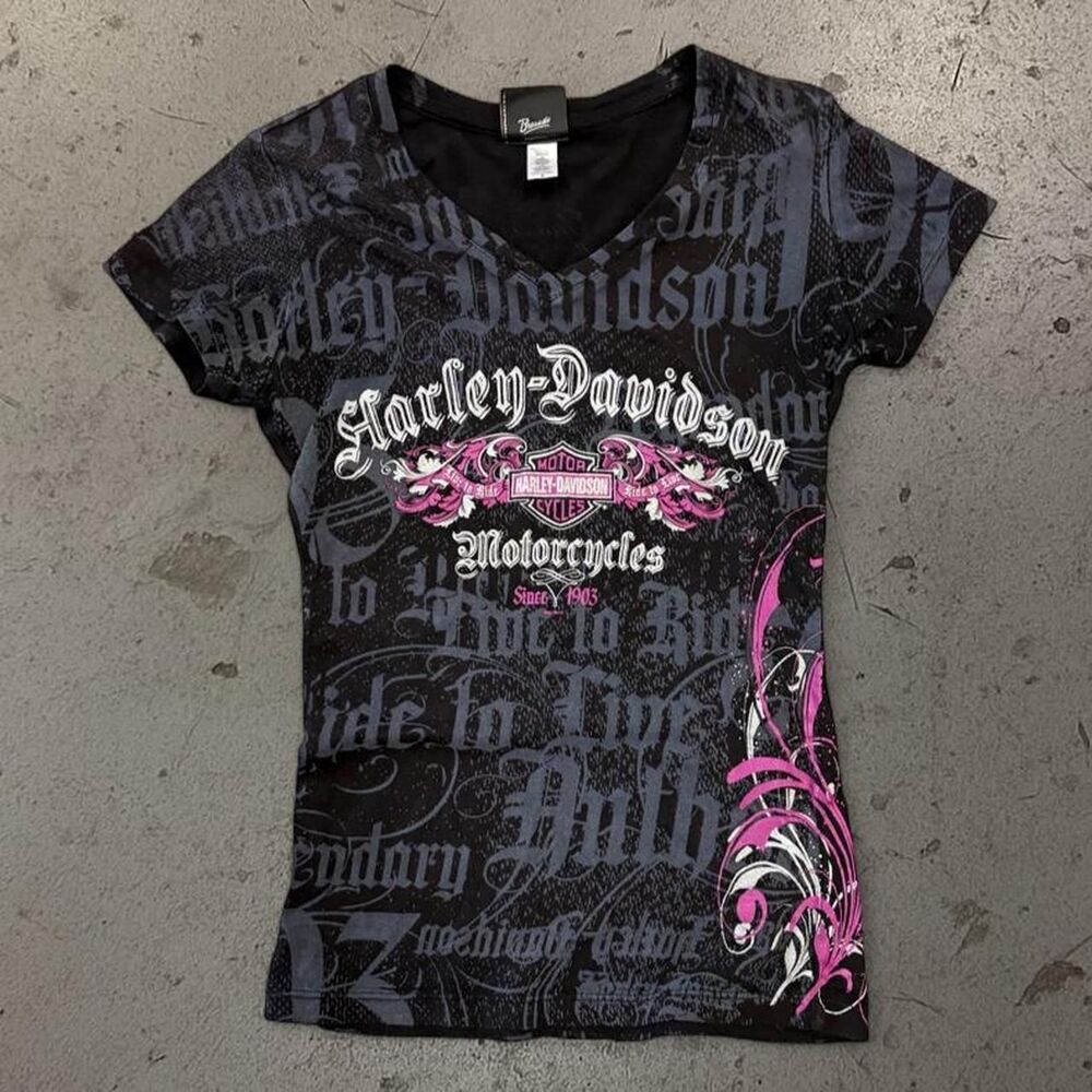 Y2K Womens Harley Davidson V-Neck Tee SZ S